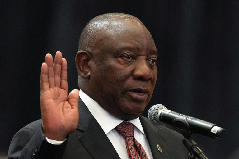 south african president cyril ramaphosa is sworn into the national assembly during the first sitting of the national assembly following elections